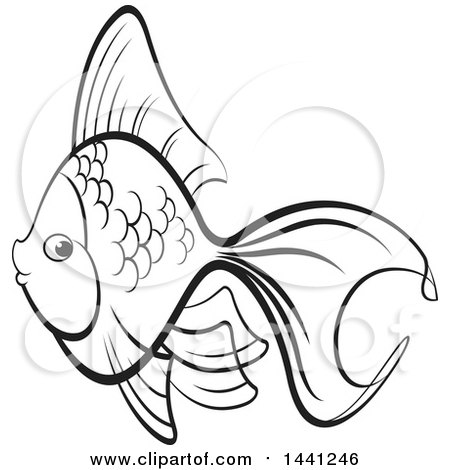 Clipart of a Black and White Lineart Fancy Goldfish - Royalty Free Vector Illustration by Lal Perera