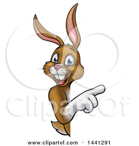 Clipart of a Happy Brown Bunny Rabbit Pointing Around a Sign - Royalty Free Vector Illustration by AtStockIllustration