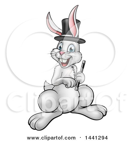 Clipart of a Happy White Rabbit Magcician Wearing a Hat and Holding a Wand - Royalty Free Vector Illustration by AtStockIllustration