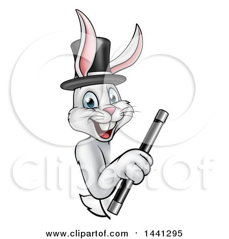 Clipart of a Happy White Rabbit Magcician Wearing a Hat and Holding a Wand Around a Sign - Royalty Free Vector Illustration by AtStockIllustration