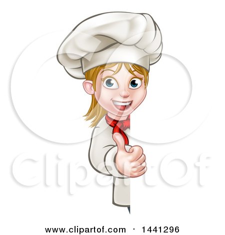 Clipart of a Cartoon Happy White Female Chef Holding a Thumb up Around a Sign - Royalty Free Vector Illustration by AtStockIllustration