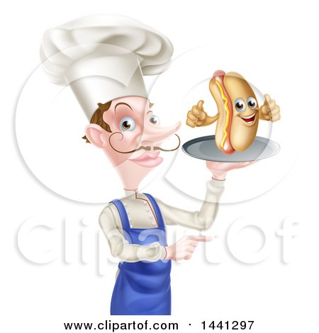 Clipart of a White Male Chef with a Curling Mustache, Holding a Hot Dog Character on a Platter and Pointing - Royalty Free Vector Illustration by AtStockIllustration