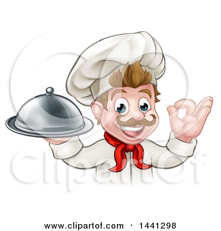 Clipart of a Cartoon Happy Young White Male Chef Holding a Cloche Platter and Gesturing Ok or Perfect - Royalty Free Vector Illustration by AtStockIllustration