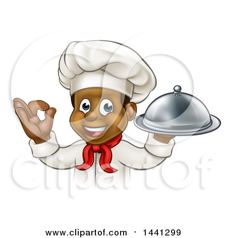 Clipart of a Cartoon Happy Young Black Male Chef Holding a Cloche Platter and Gesturing Ok or Perfect - Royalty Free Vector Illustration by AtStockIllustration