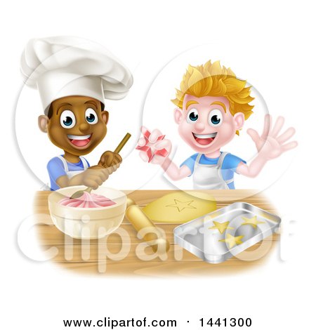 Clipart of Happy White and Black Boys Making Frosting and Cookies - Royalty Free Vector Illustration by AtStockIllustration