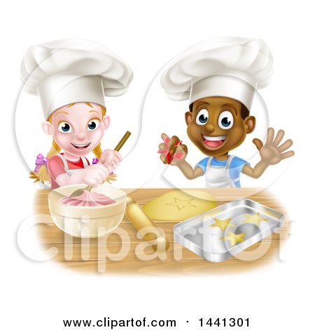 Clipart of a Cartoon Happy Black Boy and White Girl Baking Star Shaped Cookies - Royalty Free Vector Illustration by AtStockIllustration