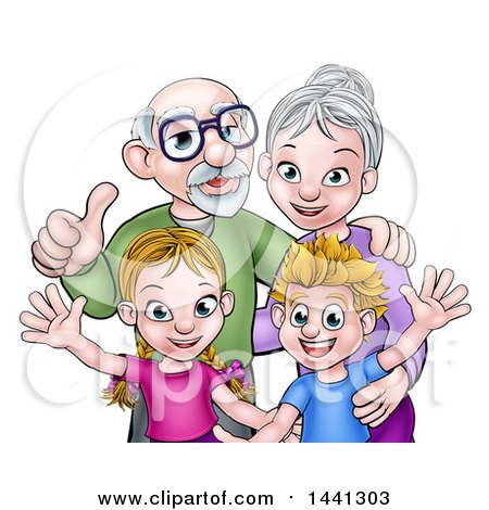 Clipart of a Cartoon Happy Caucasian Boy and Girl with Their Grandparents - Royalty Free Vector Illustration by AtStockIllustration