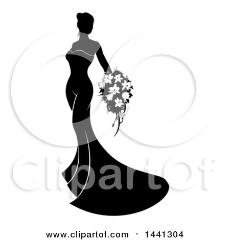 Clipart of a Silhouetted Black and White Bride in Her Dress, Holding a Bouquet - Royalty Free Vector Illustration by AtStockIllustration