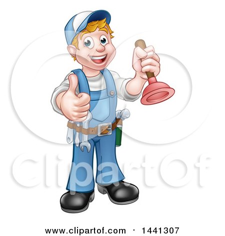 Clipart of a Cartoon Full Length Happy White Male Plumber Holding a Plunger and Giving a Thumb up - Royalty Free Vector Illustration by AtStockIllustration