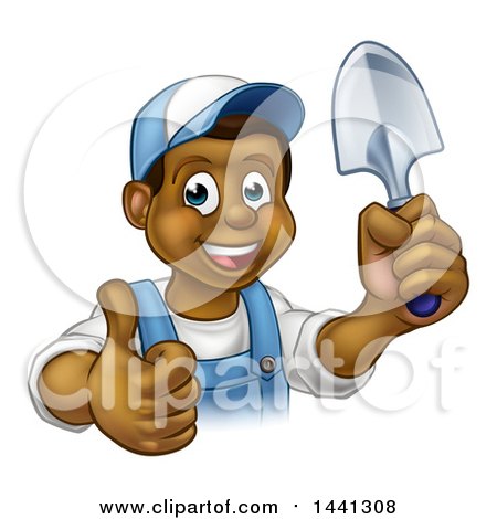 Clipart of a Cartoon Happy Black Male Gardener in Blue, Holding a Garden Trowel and Giving a Thumb up - Royalty Free Vector Illustration by AtStockIllustration