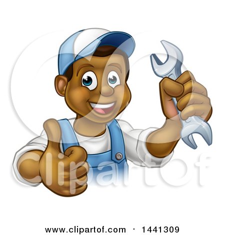 Clipart of a Cartoon Happy Black Male Mechanic Holding up a Wrench and Giving a Thumb up - Royalty Free Vector Illustration by AtStockIllustration