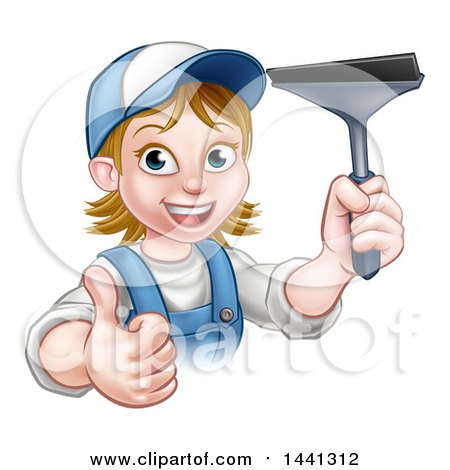 Clipart of a Cartoon Happy White Female Window Cleaner in Blue, Giving a Thumb up and Holding a Squeegee - Royalty Free Vector Illustration by AtStockIllustration