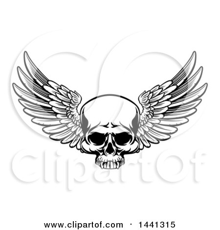 Clipart of a Black and White Winged Skull - Royalty Free Vector Illustration by AtStockIllustration