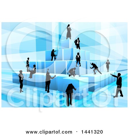 Clipart of a Team of Silhouetted Business Men and Women Assembling a Pyramid of 3d Blue Cubes, on Blue - Royalty Free Vector Illustration by AtStockIllustration