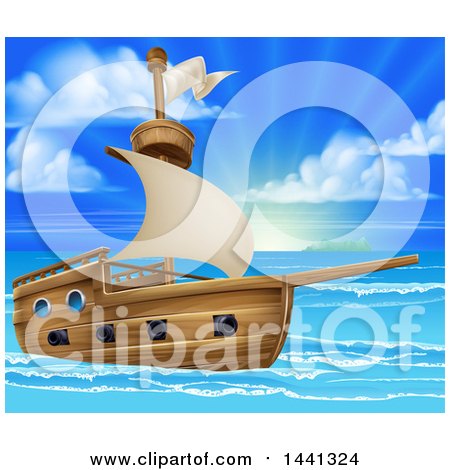 Clipart of a Wooden Ship in a Beautiful Blue Sea at Sunrise or Sunset - Royalty Free Vector Illustration by AtStockIllustration