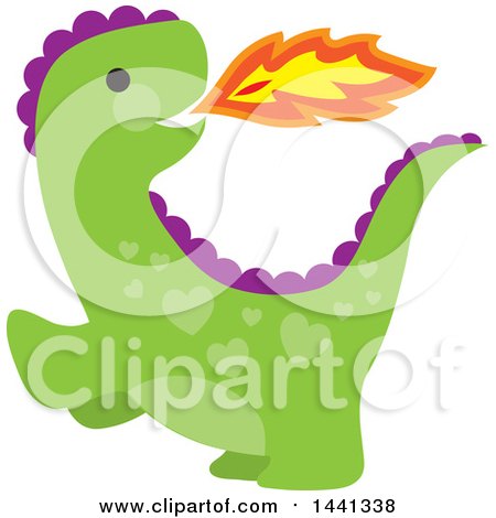 Clipart of a Cute Green and Purple Fire Breathing Dragon with Heart Shaped Spots - Royalty Free Vector Illustration by Maria Bell