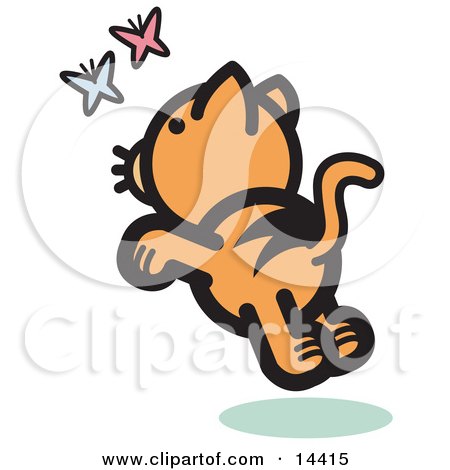 Frisky Orange Cat Chasing Pink and Blue Butterflies in the Spring Clipart Illustration by Andy Nortnik