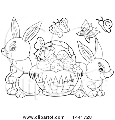 Clipart of a Black and White Lineart Basket of Easter Eggs, Butterflies and Rabbits - Royalty Free Vector Illustration by visekart