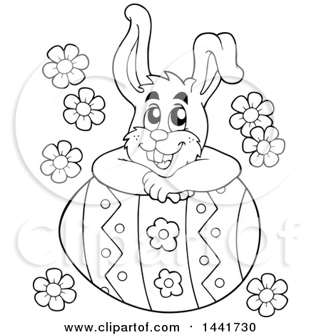 Clipart of a Black and White Lineart Happy Easter Bunny Rabbit Resting on a Giant Egg - Royalty Free Vector Illustration by visekart