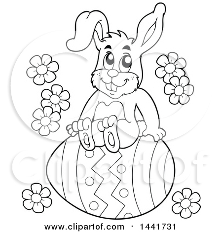 Clipart of a Black and White Lineart Happy Easter Bunny Rabbit Sitting on a Giant Egg - Royalty Free Vector Illustration by visekart