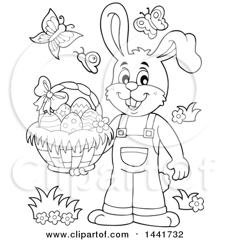 Clipart of a Black and White Lineart Happy Easter Bunny Rabbit Holding a Basket - Royalty Free Vector Illustration by visekart