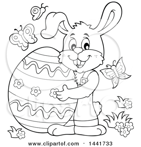 Clipart of a Black and White Lineart Happy Easter Bunny Rabbit Holding a Giant Egg - Royalty Free Vector Illustration by visekart