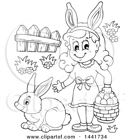 Clipart of a Black and White Lineart Happy Girl Holding a Basekt of Easter Eggs by a Rabbit - Royalty Free Vector Illustration by visekart