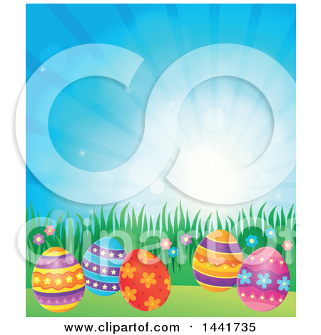 Clipart of a Group of Easter Eggs in Grass Against Sunshine - Royalty Free Vector Illustration by visekart