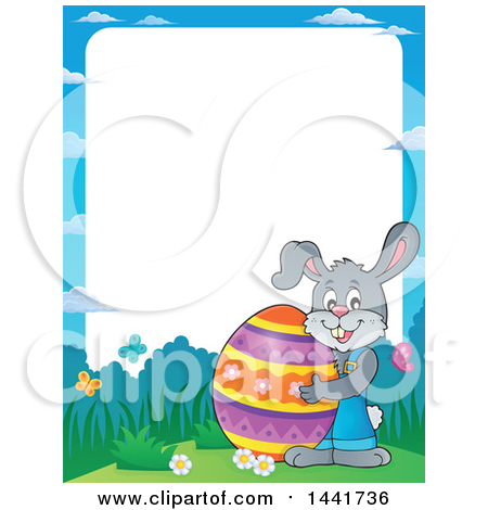 Clipart of a Border of a Happy Gray Easter Bunny Rabbit Holding a Giant Egg - Royalty Free Vector Illustration by visekart