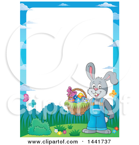 Clipart of a Border of a Happy Gray Easter Bunny Rabbit Holding a Basket - Royalty Free Vector Illustration by visekart