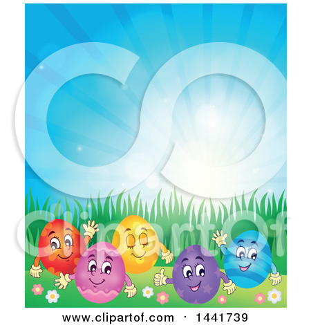 Clipart of a Group of Happy Easter Eggs in Grass Against Sunshine - Royalty Free Vector Illustration by visekart