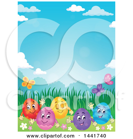 Clipart of a Group of Happy Easter Eggs in Grass on a Spring Day - Royalty Free Vector Illustration by visekart