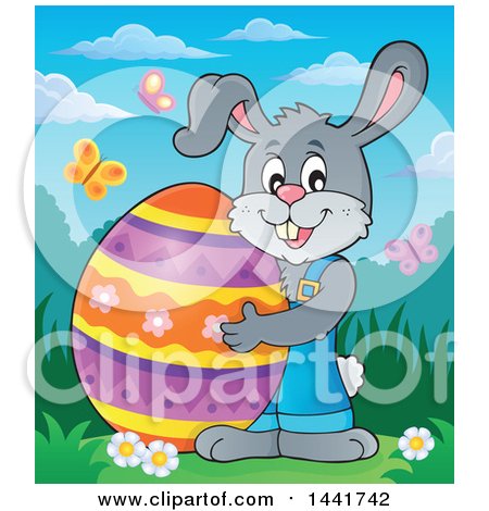 Clipart of a Happy Gray Easter Bunny Rabbit Holding a Giant Egg in a Spring Landscape - Royalty Free Vector Illustration by visekart