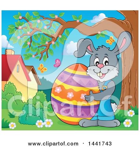 Clipart of a Happy Gray Easter Bunny Rabbit Holding a Giant Egg by a Tree - Royalty Free Vector Illustration by visekart