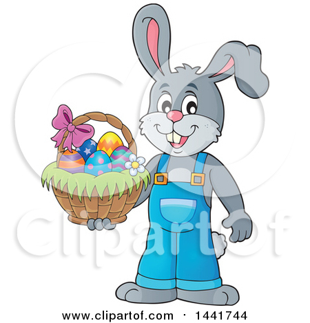 Clipart of a Happy Gray Easter Bunny Rabbit Holding a Basket - Royalty Free Vector Illustration by visekart