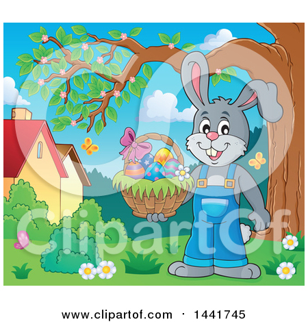 Clipart of a Happy Gray Easter Bunny Rabbit Holding a Basket by a Tree - Royalty Free Vector Illustration by visekart