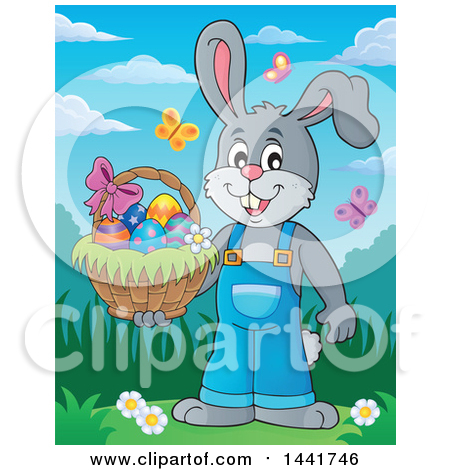 Clipart of a Happy Gray Easter Bunny Rabbit Holding a Basket in a Spring Landscape - Royalty Free Vector Illustration by visekart
