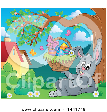 Clipart of a Happy Gray Easter Bunny Rabbit Resting and Holding a Basket Under a Tree - Royalty Free Vector Illustration by visekart