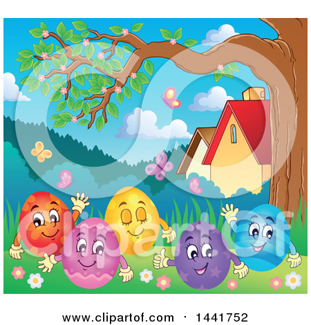 Clipart of a Group of Happy Easter Eggs in Grass Under a Tree - Royalty Free Vector Illustration by visekart