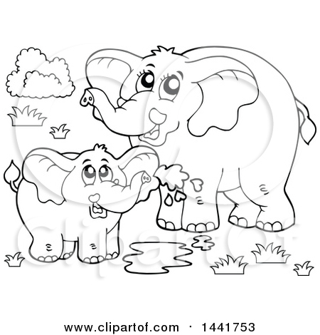 Clipart of a Black and White Lineart Elephant Mom Teaching a Bay How to Squirt Water - Royalty Free Vector Illustration by visekart
