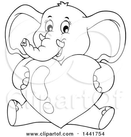 Clipart of a Black and White Lineart Valentine Elephant Hugging a Heart - Royalty Free Vector Illustration by visekart