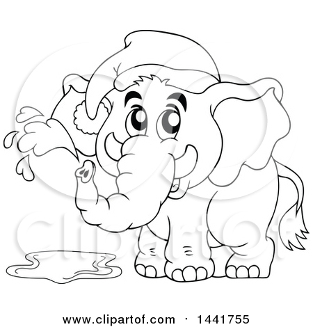 Clipart of a Black and White Lineart Elephant Wearing a Nightcap and Squirting Water - Royalty Free Vector Illustration by visekart