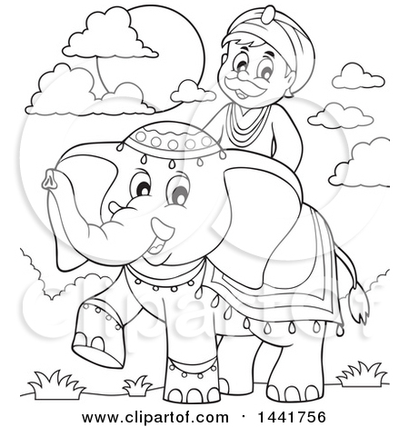 Clipart of a Black and White Lineart Happy Indian Man Riding an Elephant - Royalty Free Vector Illustration by visekart