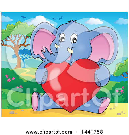 Clipart of a Valentine Elephant Sitting and Hugging a Love Heart in a Landscape - Royalty Free Vector Illustration by visekart