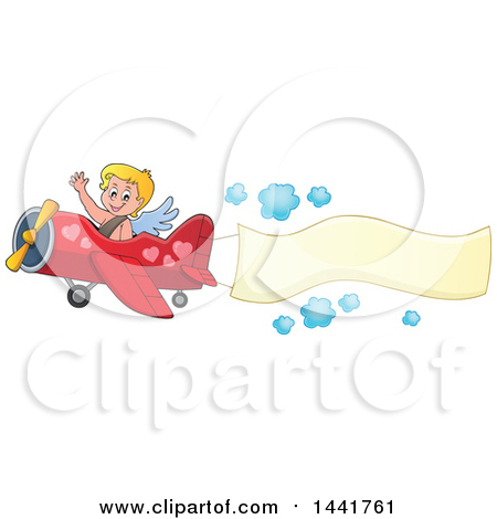 Clipart of a Valentines Day Cupid Waving and Flying an Airplane with an Aerial Banner - Royalty Free Vector Illustration by visekart