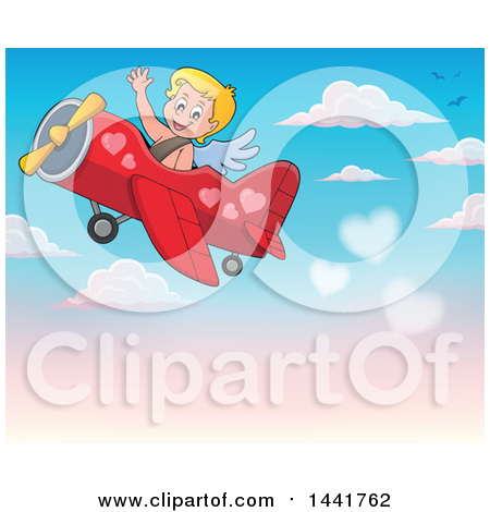 Clipart of a Valentines Day Cupid Waving and Flying an Airplane in a Sky with Hearts - Royalty Free Vector Illustration by visekart