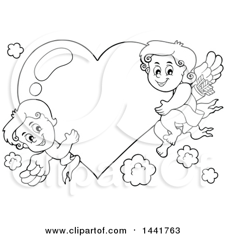 Clipart of Black and White Lineart Valentines Day Cupids Hugging a Heart - Royalty Free Vector Illustration by visekart