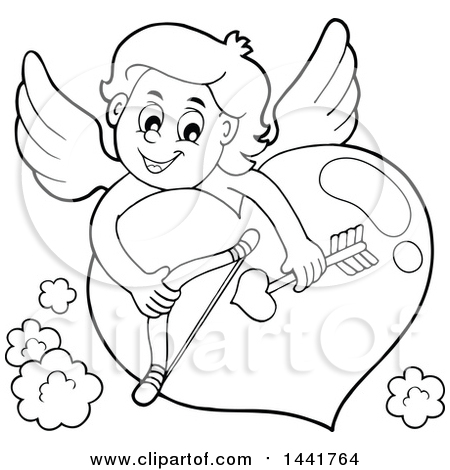 Clipart of a Black and White Lineart Valentines Day Cupid Holding a Bow and Arrow over a Heart - Royalty Free Vector Illustration by visekart
