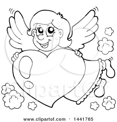 Clipart of a Black and White Lineart Valentines Day Cupid or Angel Flying with a Heart - Royalty Free Vector Illustration by visekart