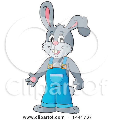 Clipart of a Happy Gray Bunny Rabbit Wearing Overalls - Royalty Free Vector Illustration by visekart